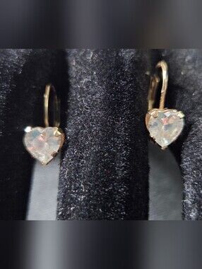 10kt Solid Gold Heart White Topaz Drop Earrings - Opalescent Heart Dangles